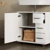 A white high-gloss bathroom vanity with an open cabinet revealing a woven basket and shelves, and drawers on the right side. Anteprima dell’immagine prodotto