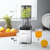 A silver and black slow juicer is shown on a kitchen counter, filled with green apples. Next to it is a basket of fruit, a glass of juice, and a sliced orange. Dimensions are indicated with dotted lines and text. Produktbild-Vorschau