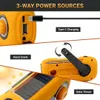 Collage showing three different ways to power a yellow emergency radio: USB-C charging, hand crank, and solar power. Produktbild-Vorschau