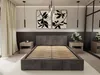 A modern bedroom with a bed, nightstands, and artwork. Produktbild-Vorschau