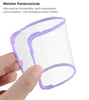A hand is holding a clear phone case with a purple border, demonstrating its flexibility. Produktbild-Vorschau