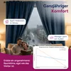 A couple reading a book in a living room with a window showing a rainy street scene. The image highlights the benefits of the curtains. Produktbild-Vorschau