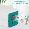 A close-up of a vacuum cleaner bag with illustrations of dust, hair, debris, bacteria, and rubbish being sucked into it. Produktbild-Vorschau