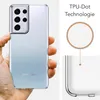A hand holding a transparent phone case on a Samsung Galaxy S21 Ultra 5G phone, with a close-up diagram of the case's texture. Produktbild-Vorschau