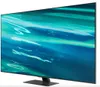 A side view of a modern flat-screen television on a black stand, displaying a vibrant abstract image. Produktbild-Vorschau