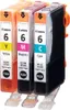 Three Canon ink cartridges are shown in a row, with the yellow, magenta, and cyan cartridges visible. Voir les images du produit