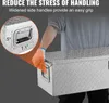A person wearing an orange glove is holding a silver aluminum toolbox. A close-up inset shows the dimensions of the handle. Produktbild-Vorschau