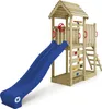 A wooden play structure with a blue slide, climbing wall, and ladder, set against a white background. Náhled obrázku produktu