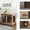 A product image showcasing a dog crate furniture piece with close-up details of its features. Produktbild-Vorschau