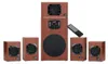A 5.1 speaker system with a subwoofer and satellite speakers, along with a remote control, displayed against a white background. Produktbild-Vorschau