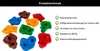 A collection of colorful climbing holds arranged on a white background, with a list of product features to the right. Produktbild-Vorschau