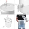 A collage of images showing a fermentation bucket with accessories, a close-up of a tap, and a person holding the bucket. Anteprima dell’immagine prodotto