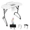 A white nail table with a built-in dust collector and armrest is shown, along with a woman holding a black carrying bag and smaller images of the table in different colors. Produktbild-Vorschau