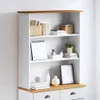 A hutch with shelves displaying various decorative items and books.