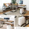 A collage of images showing an L-shaped desk with a computer, books, and a plant. One image shows a close-up of the desk's shelving, and another shows a computer tower on a stand. Produktbild-Vorschau