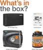 A collage showing the contents of a product box, including a storage bag, tire inflator, instructions, and tire sealant. Produktbild-Vorschau