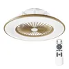 A modern flush-mount ceiling fan with integrated LED lighting, shown with its remote control. Náhled obrázku produktu