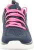 A close-up front view of a navy and pink Skechers sneaker. Voir les images du produit