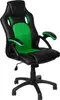 A black and green racing-style office chair is shown from a slightly angled front view against a white background.