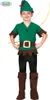 A child wearing a Robin Hood costume, complete with a green tunic, brown belt, black pants, and brown boots. The child is also holding a toy bow and arrow. Produktbild-Vorschau