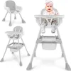 A collage of three images showing a baby high chair in different configurations and a baby sitting in one of them. Podgląd zdjęcia produktu