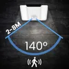 A solar-powered outdoor light with motion detection is shown against a dark, textured background. Graphics indicate its detection range and angle. Produktbild-Vorschau