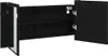 A black wooden cabinet with two open doors and two shelves inside, shown against a white background. Náhled obrázku produktu