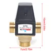 A thermostatic mixing valve with brass fittings and a black plastic housing, shown against a white background. Dimensions are indicated by red lines and text. Produktbild-Vorschau