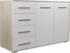 A white and wood-grain dresser with multiple drawers and cabinet doors, shown from a front-side angle against a white background. Náhled obrázku produktu