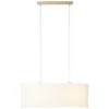 A rectangular pendant light with a white patterned shade and a light wood top, suspended by thin wires against a white background. Produktbild-Vorschau