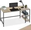 A computer desk with a monitor, keyboard, mouse, lamp, books, and a printer on shelves. Náhled obrázku produktu