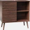 A dark brown wooden cabinet with a slatted sliding door and three open shelves, supported by four angled legs. Anteprima dell’immagine prodotto