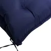 A close-up view of a dark blue cushion, showing its tufted surface and tie straps. Produktbild-Vorschau