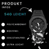 A black watch is shown with text highlighting its features. Produktbild-Vorschau