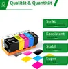 A set of five ink cartridges in different colors, arranged in a holder, with colored squares representing ink colors below. Text overlays describe product features. Produktbild-Vorschau