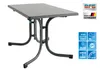 A gray folding table with a dark gray metal frame, shown against a white background with various marketing icons and text. Produktbild-Vorschau