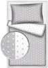 A top-down view of a bedding set laid out on a white surface.