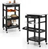 Two views of a black kitchen cart with a stainless steel top, wheels, a drawer, and multiple shelves and baskets. Náhled obrázku produktu