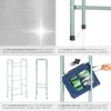 Collage of images showing features of a metal shelving unit, including its construction, stability, space-saving design, and ease of access to stored items. Náhled obrázku produktu