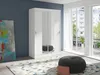 A modern bedroom with a white sliding door wardrobe, a colorful abstract painting, and a round pouf on a patterned rug. Produktbild-Vorschau