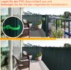 A collage showing a dark green PVC privacy fence on a balcony, with a close-up of a green cable tie securing it. Produktbild-Vorschau