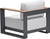 A single outdoor lounge chair with a gray metal frame, light gray cushions, and a light teak-look armrest. Produktbild-Vorschau