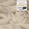 A close-up view of a soft, textured fabric, likely a bedsheet or blanket, with a product certification label in the upper right corner. Produktbild-Vorschau