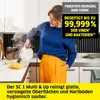 A woman is cleaning a kitchen counter with a steam cleaner. Voir les images du produit