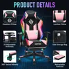 A pink and black gaming chair with LED lights, showcasing its features with text labels and close-up insets. Podgląd zdjęcia produktu