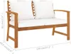 A wooden garden bench with white cushions, shown from a side-front angle with dimensions indicated. Produktbild-Vorschau