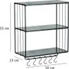 A black metal wall shelf with two shelves and hooks underneath, with dimensions indicated. Produktbild-Vorschau