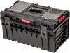 A black Qbrick System tool box with clear organizers on top, set against a white background. Náhled obrázku produktu