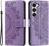 A purple flip case for a Samsung Galaxy S23 phone with a mandala pattern embossed on it. The case is shown open, revealing the phone inside, and closed. Produktbild-Vorschau