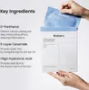 A hand holding a sheet mask package, with text describing key ingredients on the left. Produktbild-Vorschau